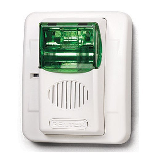 Gentex GECG24PWW, Gentex (GECG24PWW) Horn/strobe, green lens, selectable candela strobe, wall mount, plain (no lettering) , white faceplate, 24 vdc