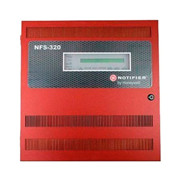 Notifier NFS-320R, Notifier (NFS-320R) Nfs-320 intelligent fire alarm panel; single printed circuit board with one slc loop (318 devices) , – back-lit, 80 character display, system and programming keypad and 6.0a power supply, 120 vac, includes door, dress panel and back box, red