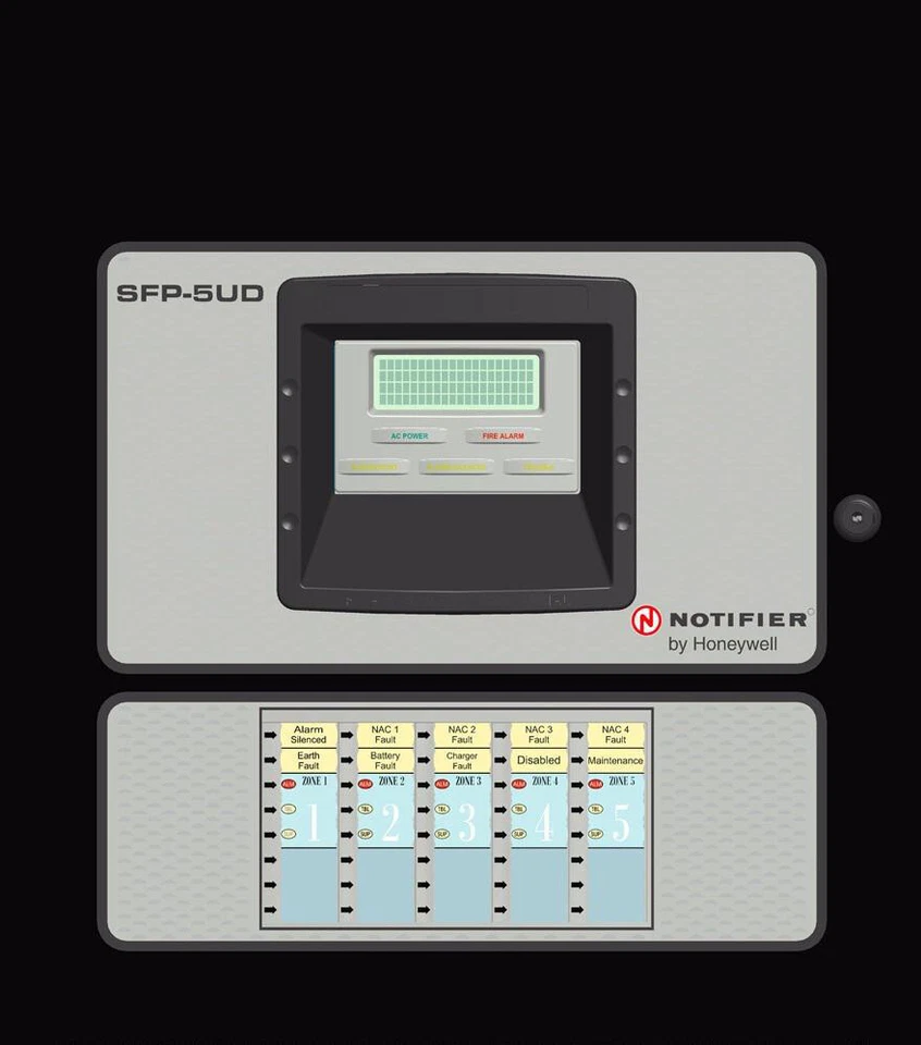 Notifier SFP-5UDC, Notifier (SFP-5UDC) Ulc/ul listed, 5 zone conventional fire control panel with dact and 7 amp power supply. includes internal dress panel with built-in annunciator module