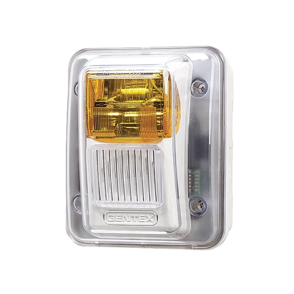 Gentex WGECA24-75PWW, Gentex (WGECA24-75PWW) Outdoor horn/strobe, amber lens, fixed 75 candela, wall mount, shipped with goe enclosure, plain (no lettering) , white faceplate